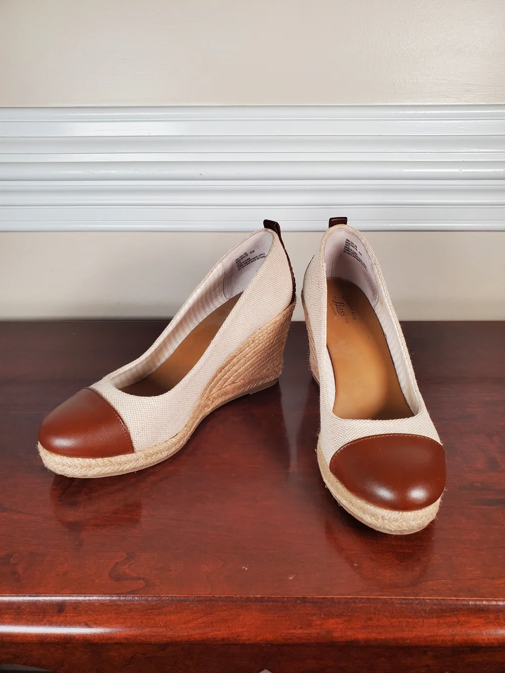 G.H. Bass & Co. - Kaitlyn Beige Canvas and Brown  Faux Leather Espadrille Wedges
